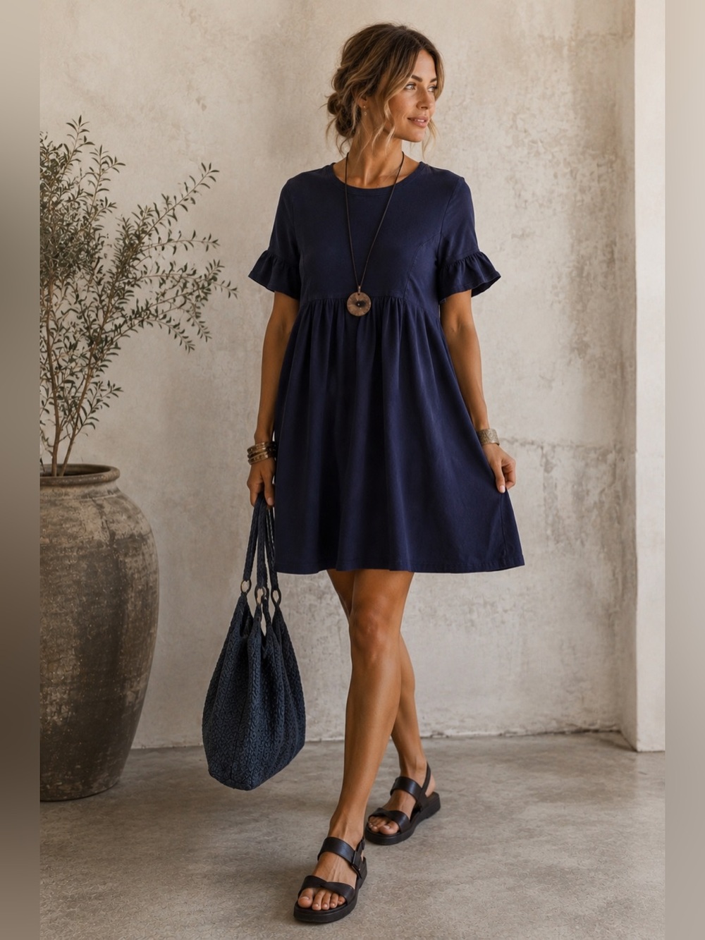 English Factory Navy Babydoll Dress M Minimalist Lagenlook Ruffle Sleeve Cotton